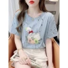 A new trend of white cotton short-sleeved T-shirt for women in 2025 summer, loose embroidered and printed women's T-shirt top Application Scenario